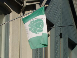 The Cabbagetown flag - a green flag, with a green cabbage on a white strip in the centre