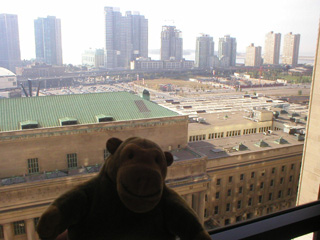 Mr Monkey looking out of his window at the Fairmont Royal York