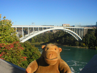 Mr Monkey looking at the Rainbow Bridge between Canada and America