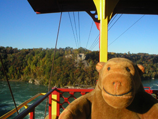 Mr Monkey on the Aero Car, with the cables to the opposite bank visible