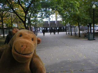 Mr Monkey walking towards the Toronto Island Ferry Terminal