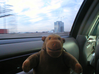 Mr Monkey in the car on the way to Toronto Airport