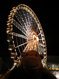 Mr Monkey in front of the Christmas Ferris Wheel