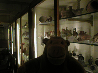 Mr Monkey in a dark room full of display cases