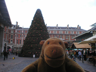 Mr Monkey looking at the Covent Garden christmas tree