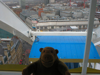 Mr Monkey looking down on the roof of the Printworks