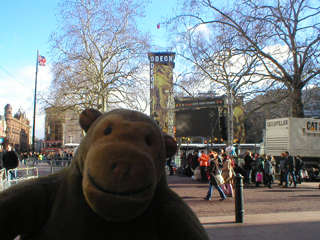 Mr Monkey looking across Leicester Square