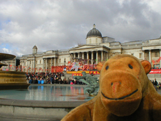 Mr Monkey watching the crowds in Trafalgar Square