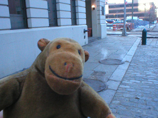 Mr Monkey examining steaming coming out of a manhole cover