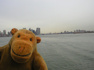 Mr Monkey looking a Manhattan from a ferry
