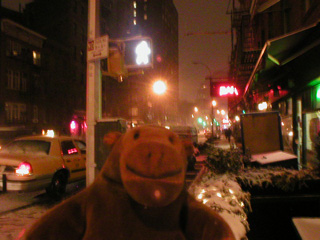Mr Monkey crossing a street on Greenwich Avenue