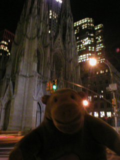 Mr Monkey across Fifth Avenue from St Patrick's Cathedral