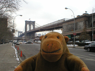 Mr Monkey looking at the Brooklyn Bridge