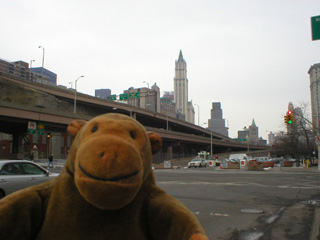 Mr Monkey looking at the approach roads onto the Brooklyn Bridge
