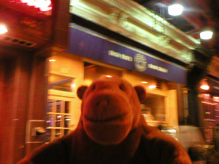 Mr Monkey outside Uncle Nick's restaurant