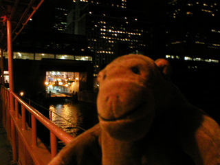 Mr Monkey approaching the ferry terminal by water