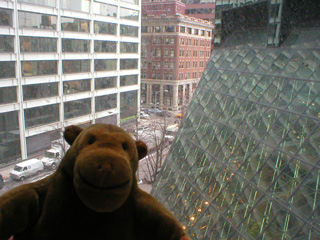 Mr Monkey looking out of his hotel room window