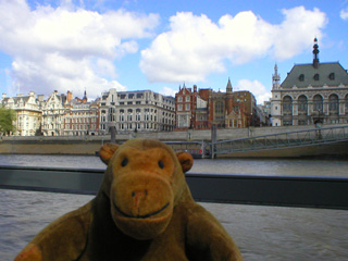 Mr Monkey looking at the Embankment before Blackfriars Bridge