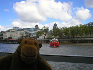 Mr Monkey watching a boat leave the Tower Millennium Pier