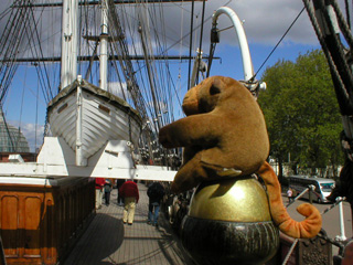 Mr Monkey looking at a lifeboat from the railing of the poop deck