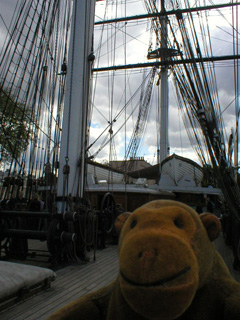 Mr Monkey looking across the crew quarters to one of the masts