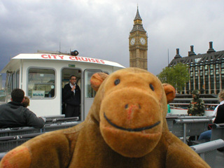 Mr Monkey looking at Portcullis House and Big Ben