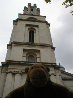 Mr Monkey looking at the front of St George in the East