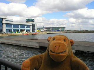 Mr Monkey looking across the water at London City Airport