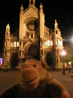 Mr Monkey looking at a row of houses by night