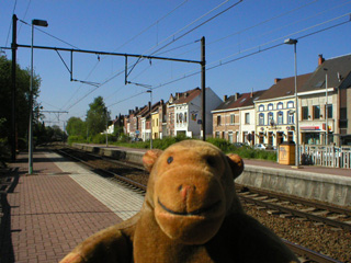 Mr Monkey on the platform at Waterloo, without a train