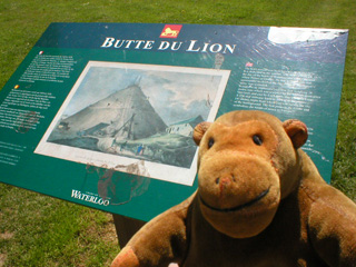 Mr Monkey reading the description of the Lion Mound