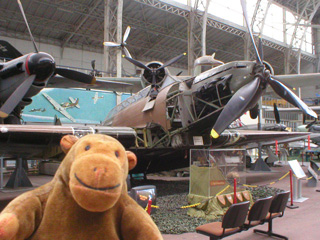 Mr Monkey beside a partially dismantled Fairey Battle