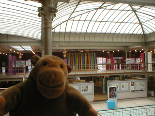 Mr Monkey looking up at the roof of the Comic Strip Centre