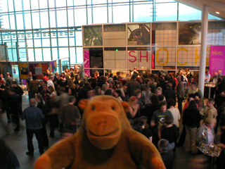Mr Monkey looking down on the crowd from the stairs