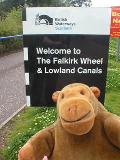 Mr Monkey examining the sign for the Wheel and canals
