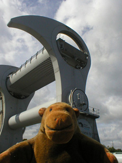 Mr Monkey looking up at the Falkirk Wheel