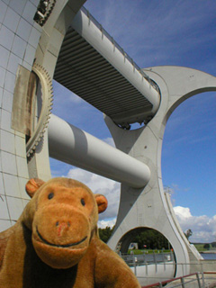 Mr Monkey looking up at the Falkirk Wheel