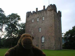 Mr Monkey walking away from Alloa Tower