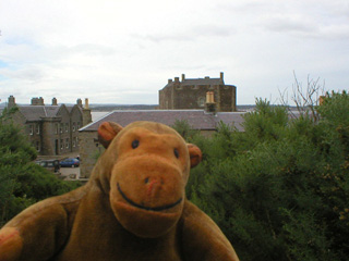 Mr Monkey looking at Blackness Castle from the site of the chapel