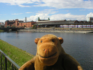 Mr Monkey looking across a canal at the central station