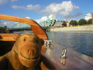 Mr Monkey approaching the bascule bridge to the harbour