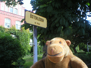 Mr Monkey looking at the Österleden roadsign