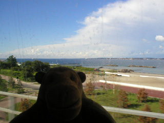 Mr Monkey passing a beach in the train