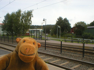 Mr Monkey waiting for a tram at the Kviberg tramstop