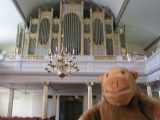 Mr Monkey looking up at the organ of the German church