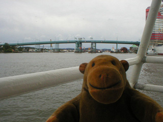 Mr Monkey looking at the Götaälvbron from a boat