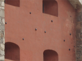 Danish cannonballs in the side of the tower of the fortress