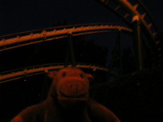 Mr Monkey underneath the track of the Lisebergbanan roller coaster