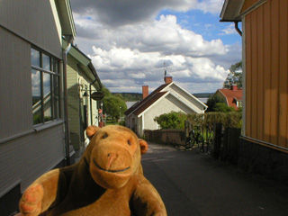 Mr Monkey looking down a side street in Sigtuna