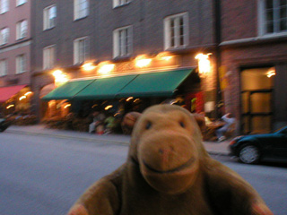 Mr Monkey outside a Scottish pub in Stockholm